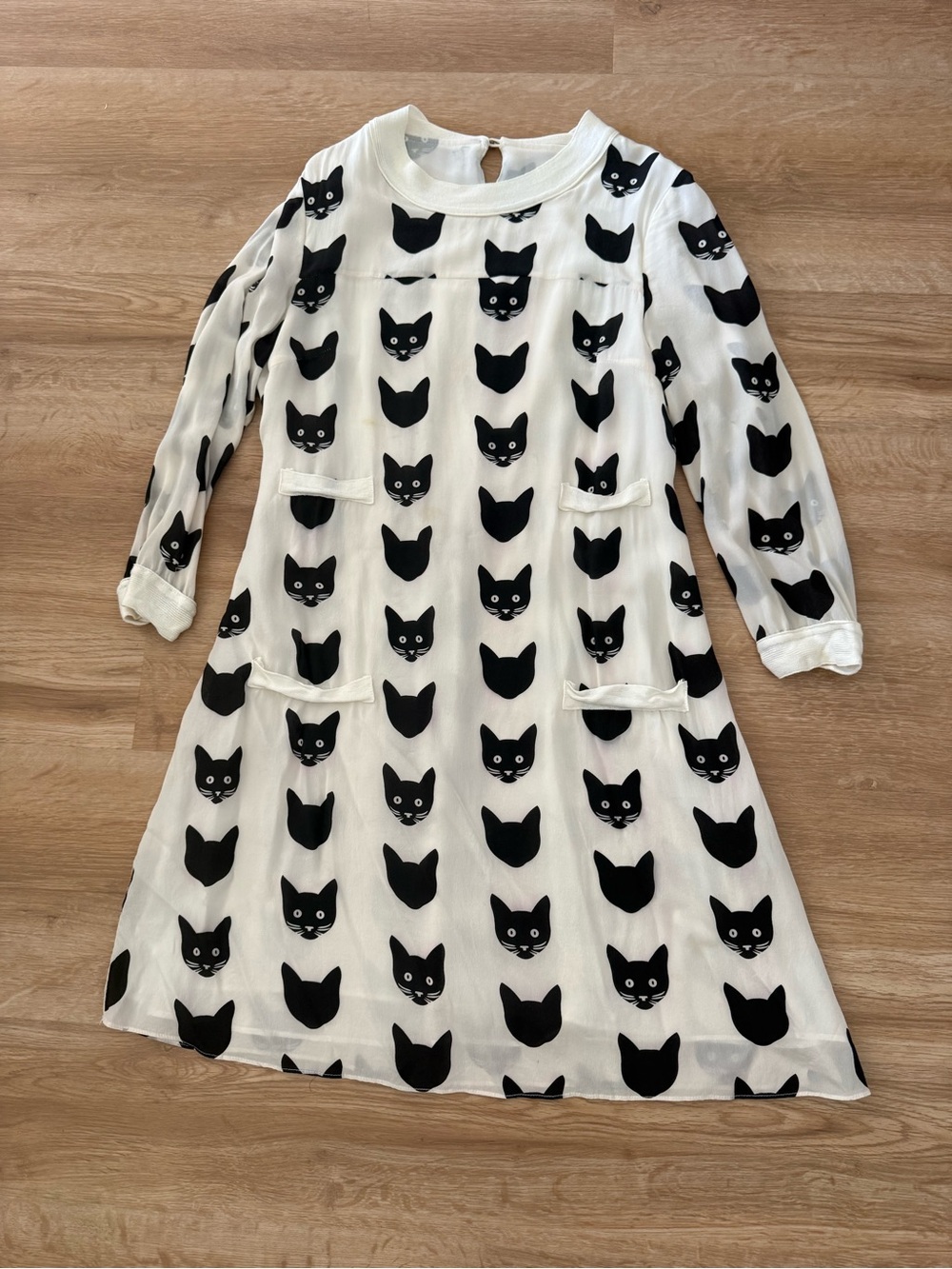 Silk White Dress with Black Cat Face Print
